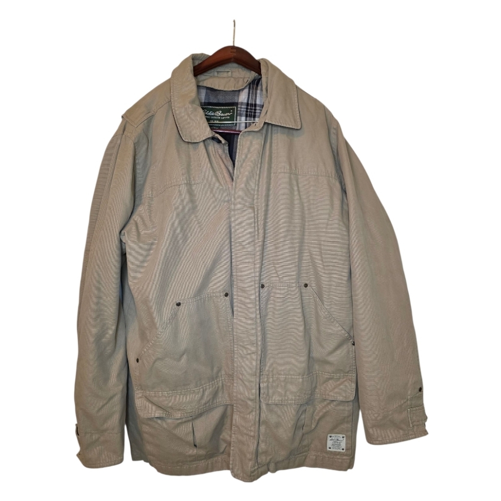 EDDIE BAUER Barn Coat Chore Jacket Canvas Tan Flannel Lined - Size XL‎ Tall